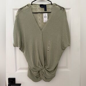 Daytrip Green Dolman Sleeve Ribbed Blouse with Floral Back